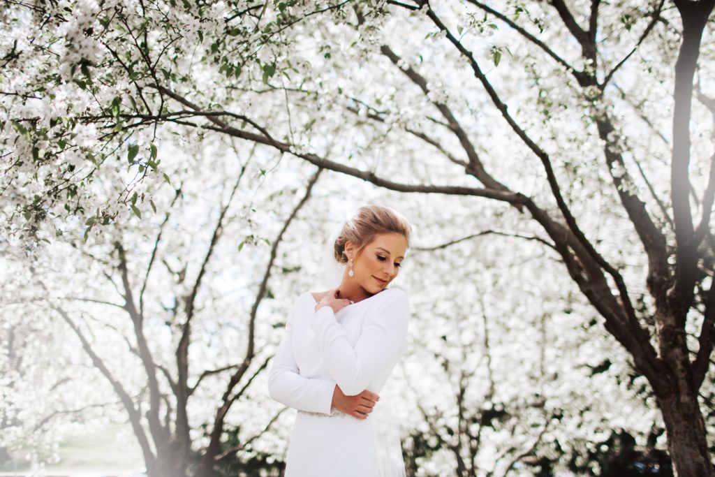 Bridal Portraits with Blooming Branches April Wedding