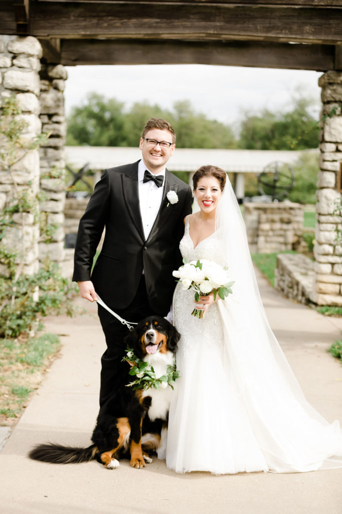 Bride + Groom + Pup at Loose Park Captured by Laura Foote Photography | Floral by Blue Bouquet | Kansas City Florist, Midwest Florist | Wedding at The Intercontinental Hotel, Wedding at Loose Park Rose Garden