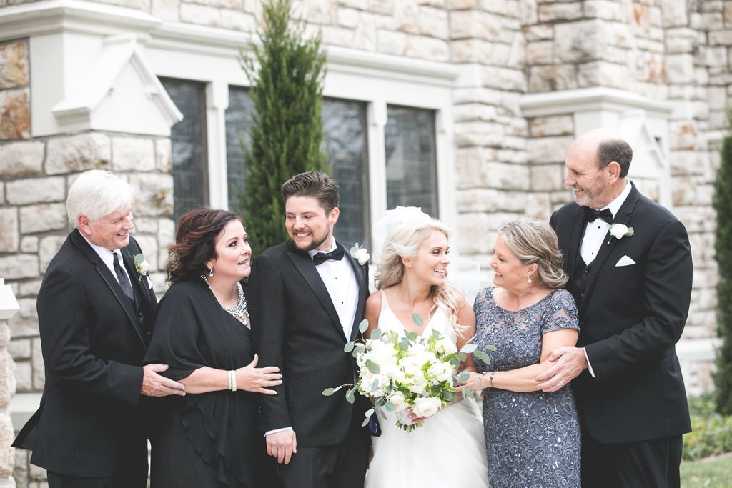 Family Photos in Front of Church, Bride + Groom's Parents | Floral by Blue Bouquet at The Grand Hall at Power & Light