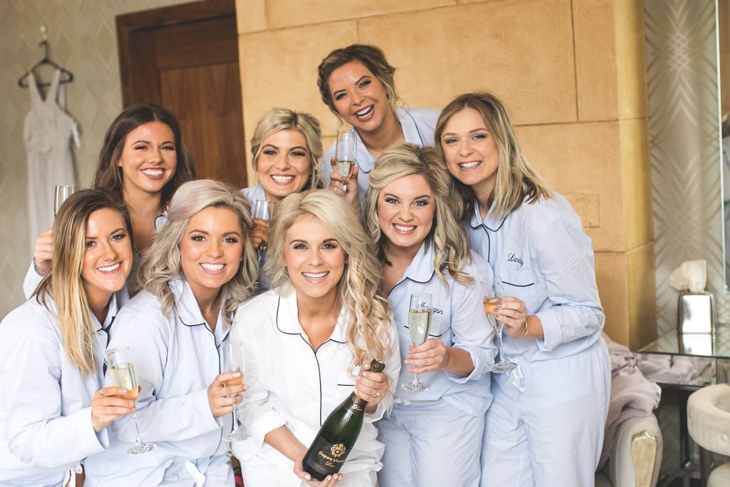 Katelyn + Her Bridesmaids Poppin' Bubbles in the Bridal Suite | Floral by Blue Bouquet at The Grand Hall at Power & Light