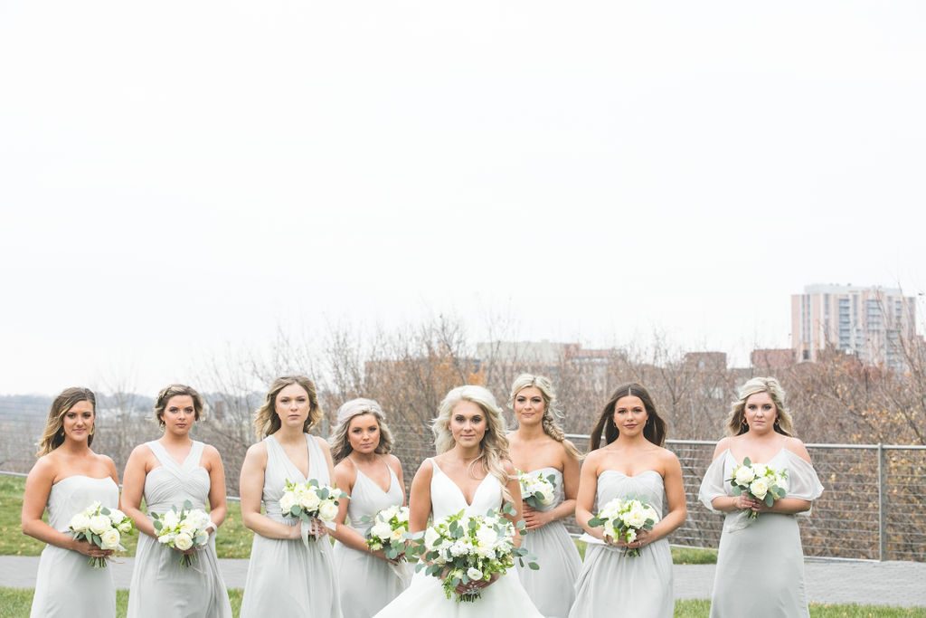 Bridal Party in Grey Dresses + White and Green Bouquets | Floral by Blue Bouquet at The Grand Hall at Power & Light