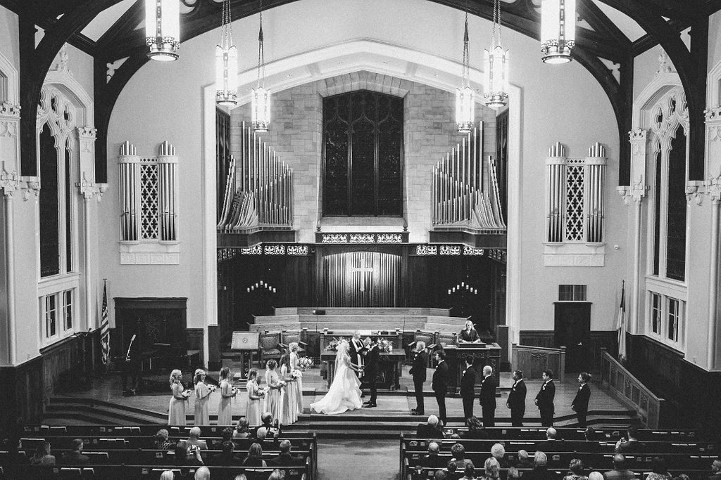 Wedding Ceremony at Country Club Christian Church in Kansas City | Floral by Blue Bouquet at The Grand Hall at Power & Light