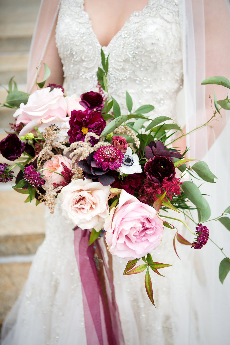Bride with Burgundy Fall Bouquet | Floral by Blue Bouquet, Kansas City & Beyond Floral + Event Design
