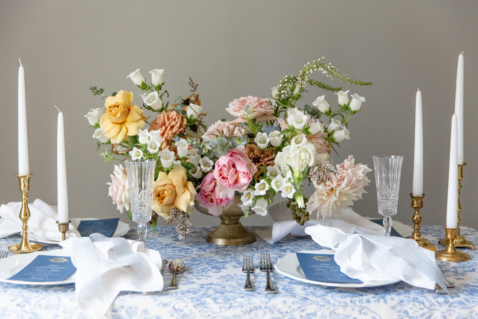 Blush, Dusty Blue and Golden Yellow Wedding Centerpiece